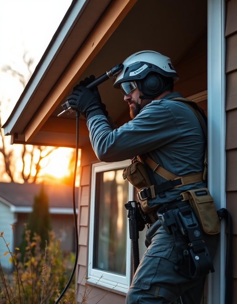 Trapperz wildlife technician inspecting an attic exterior at dusk
